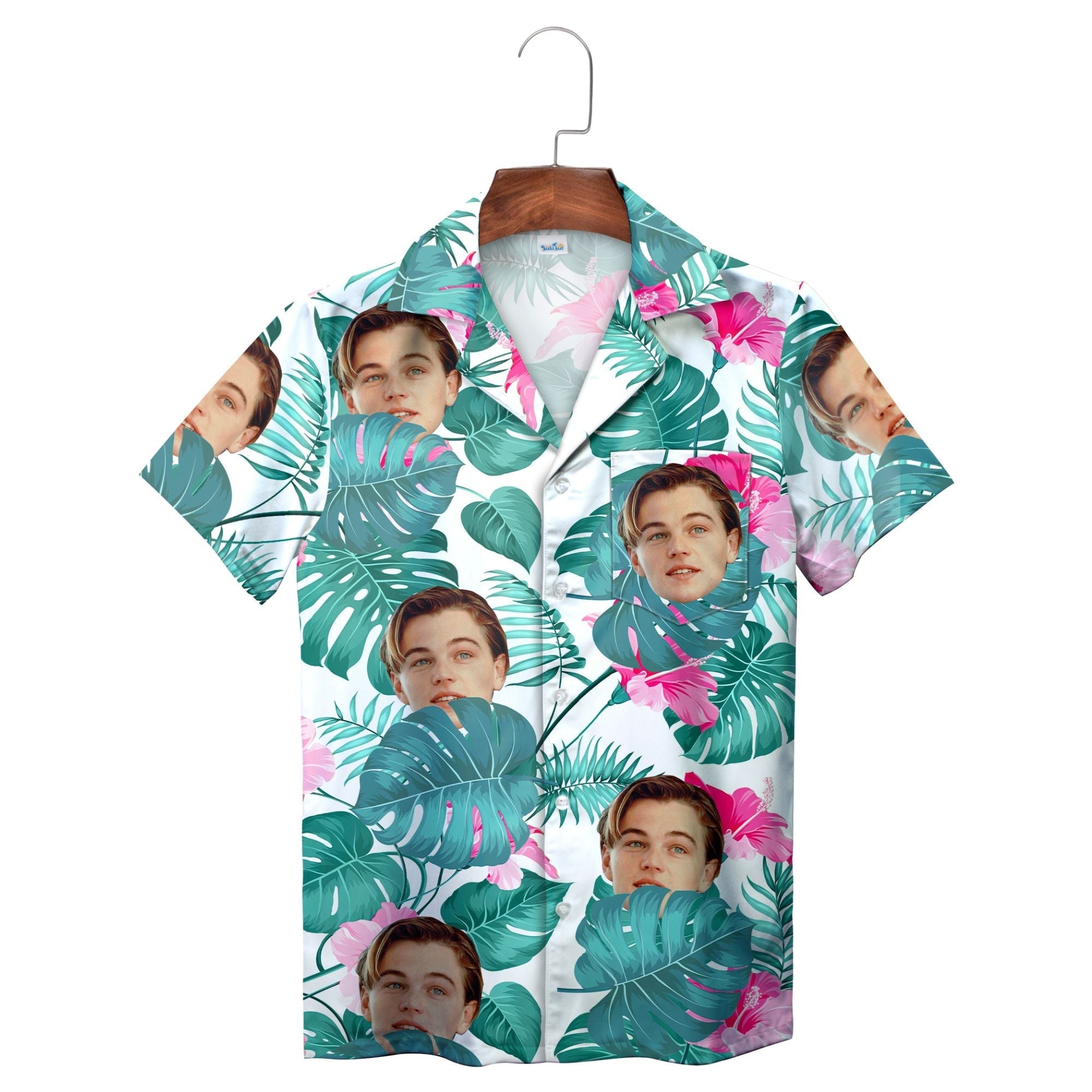 Tropical Green and Pink Flowers Face Hawaiian Shirt