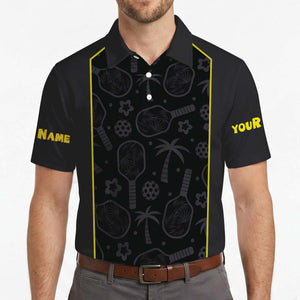 Dark gray pickleball polo with palm paddle pattern yellow trim variant 4