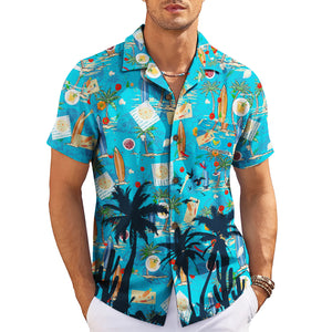 Sky blue Hawaiian shirt with surfboards palms and food print variant 5