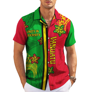 Green red split Vanuatu tribal turtle motif button up shirt variant 3