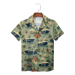 Sage green steamship print short sleeve shirt on wood hanger
