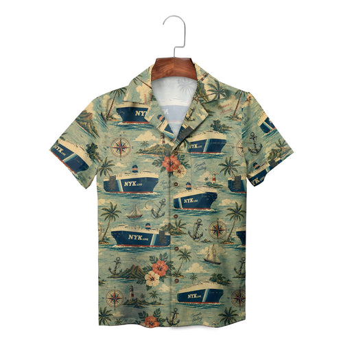 Vintage NYK Line Cargo Ship Compass Rose Nautical Hawaiian Shirt