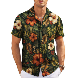 Dark green tropical shirt with rust and cream hibiscus blooms variant 7