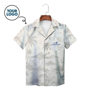 Cream beach print short sleeve shirt on wooden hanger