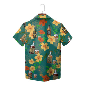 Teal Hawaiian shirt with whisky bottles and yellow hibiscus variant 2