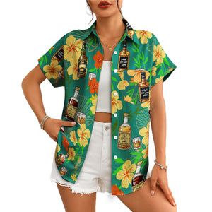 Teal Hawaiian shirt with whisky bottles and yellow hibiscus variant 4