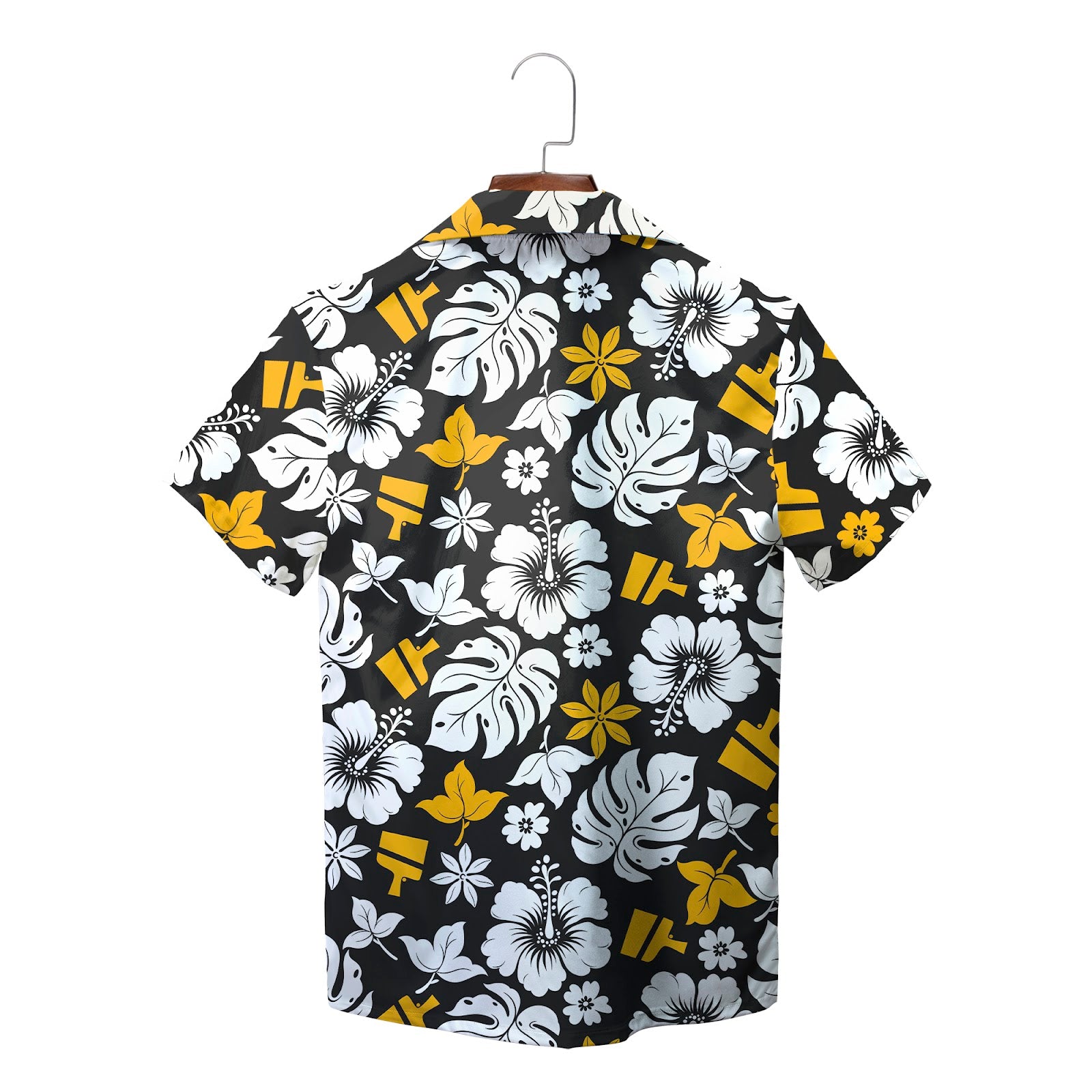 Black aloha shirt showing white blooms yellow brushes variant 2