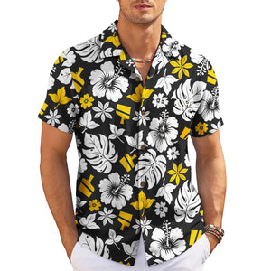 Black aloha shirt showing white blooms yellow brushes variant 3