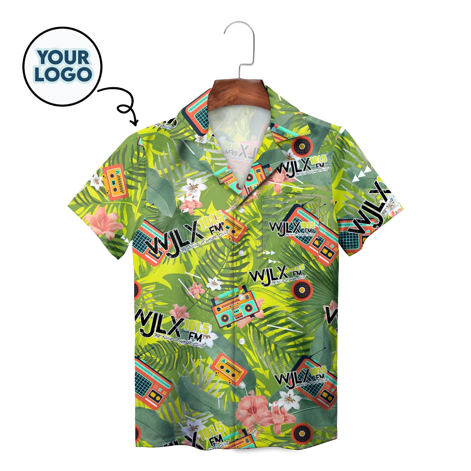 Green tropical shirt featuring vintage radios cassettes hibiscus