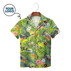 Green tropical shirt featuring vintage radios cassettes hibiscus