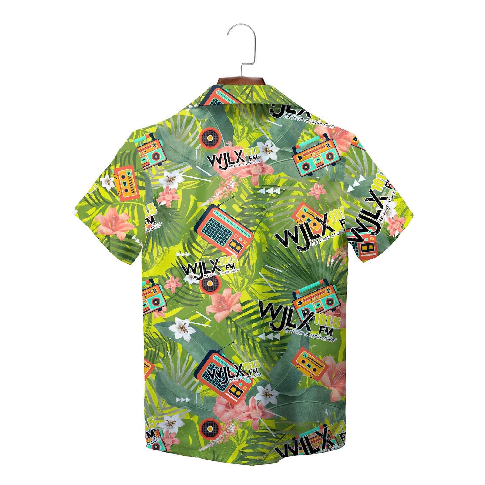 Green tropical shirt featuring vintage radios cassettes hibiscus variant 2