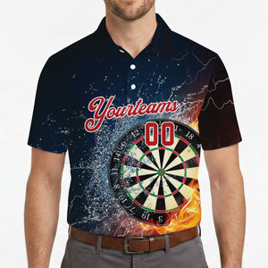 Navy polo showing dartboard between flames and water variant 4