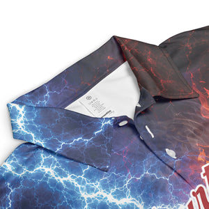 Polo shirt showing dartboard with flames and blue lightning variant 5