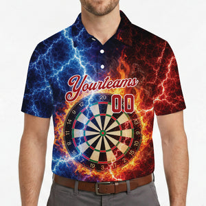 Polo shirt showing dartboard with flames and blue lightning variant 7