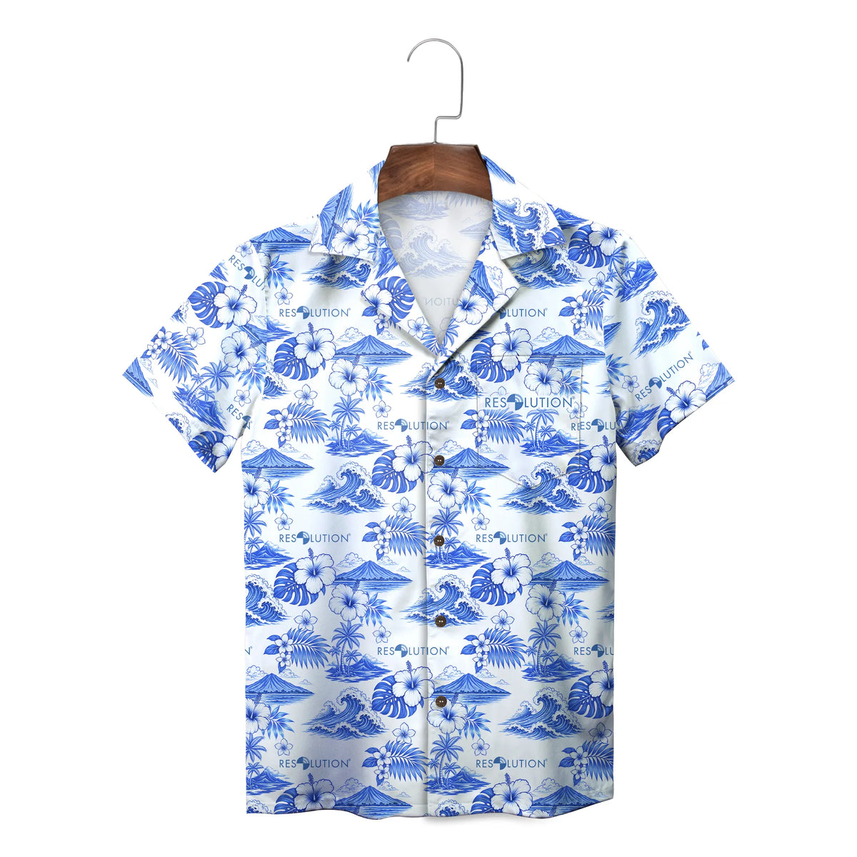 Hibiscus and Island Wave Blue and White Custom Hawaiian Shirt
