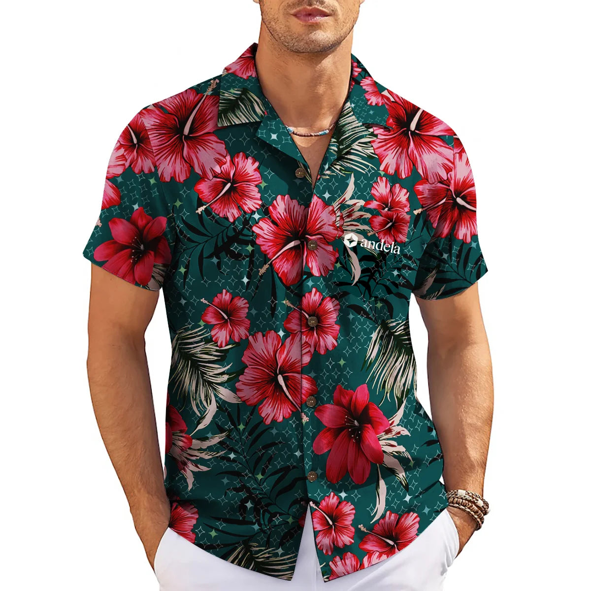 Red Hibiscus and Sparkle Star Deep Green Custom Hawaiian Shirt