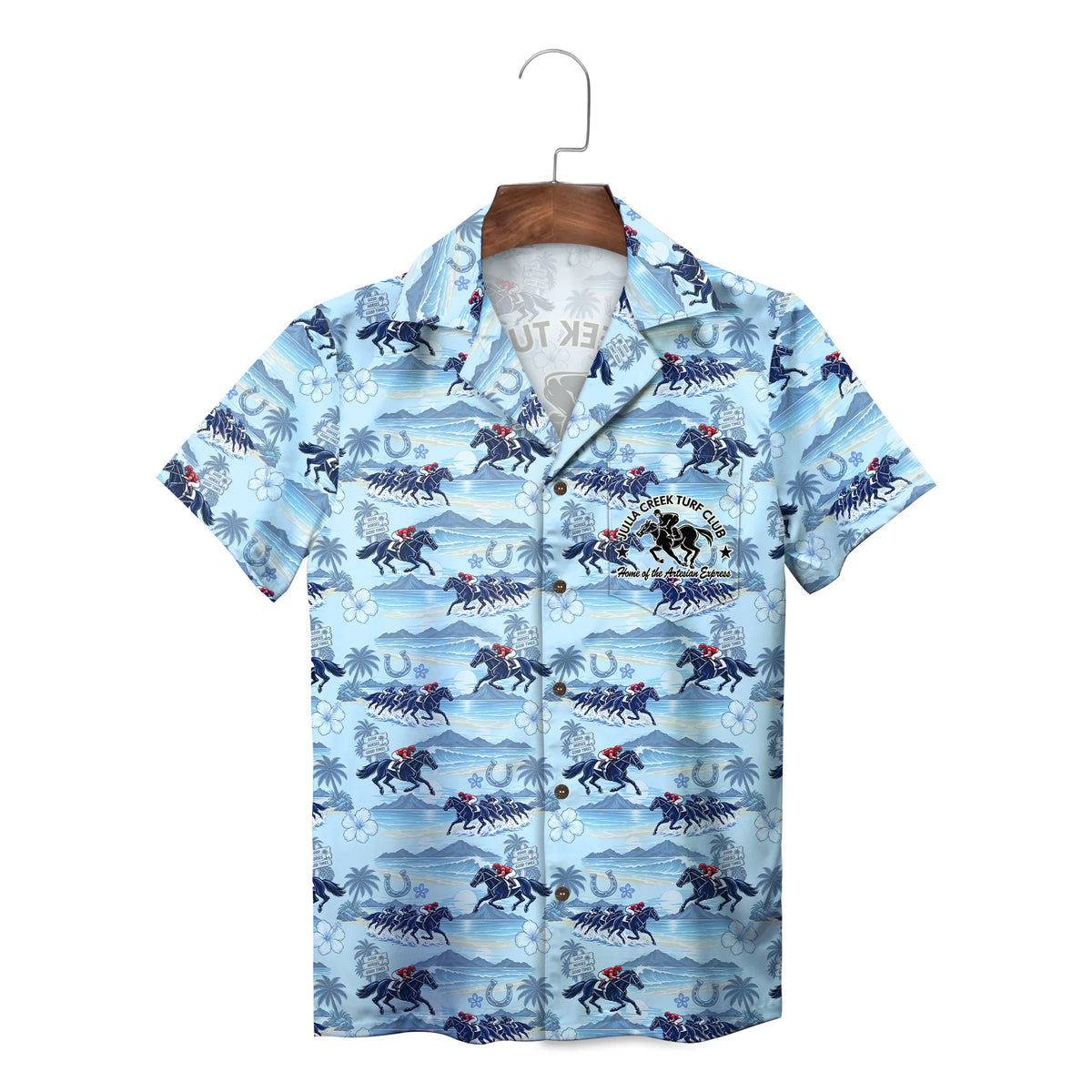 Beach Horse Racing Sky Blue and Pink Custom Hawaiian Shirt