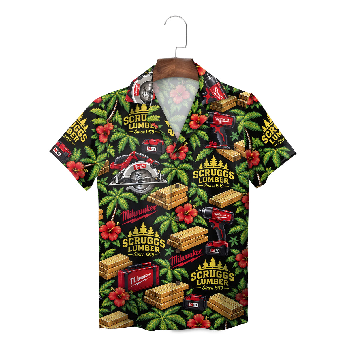Power Tools and Hibiscus Black Custom Hawaiian Shirt