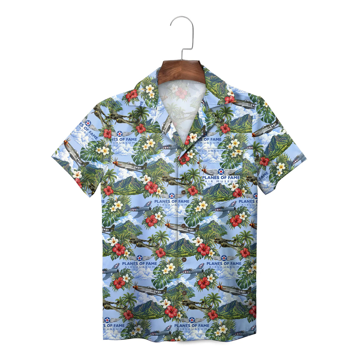 Vintage Warbird and Hibiscus Sky Blue Custom Hawaiian Shirt