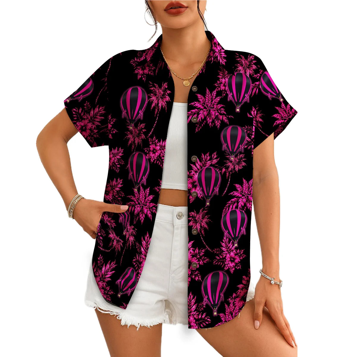 Hot Air Balloon and Hibiscus Black Custom Hawaiian Shirt