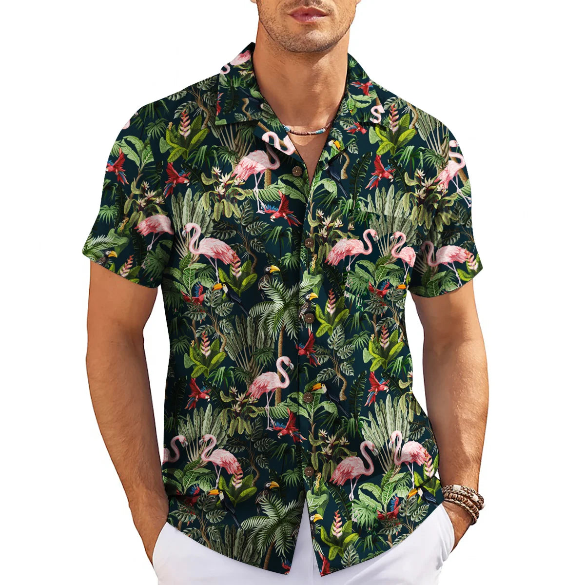 Flamingo and Toucan Dark Green Custom Hawaiian Shirt
