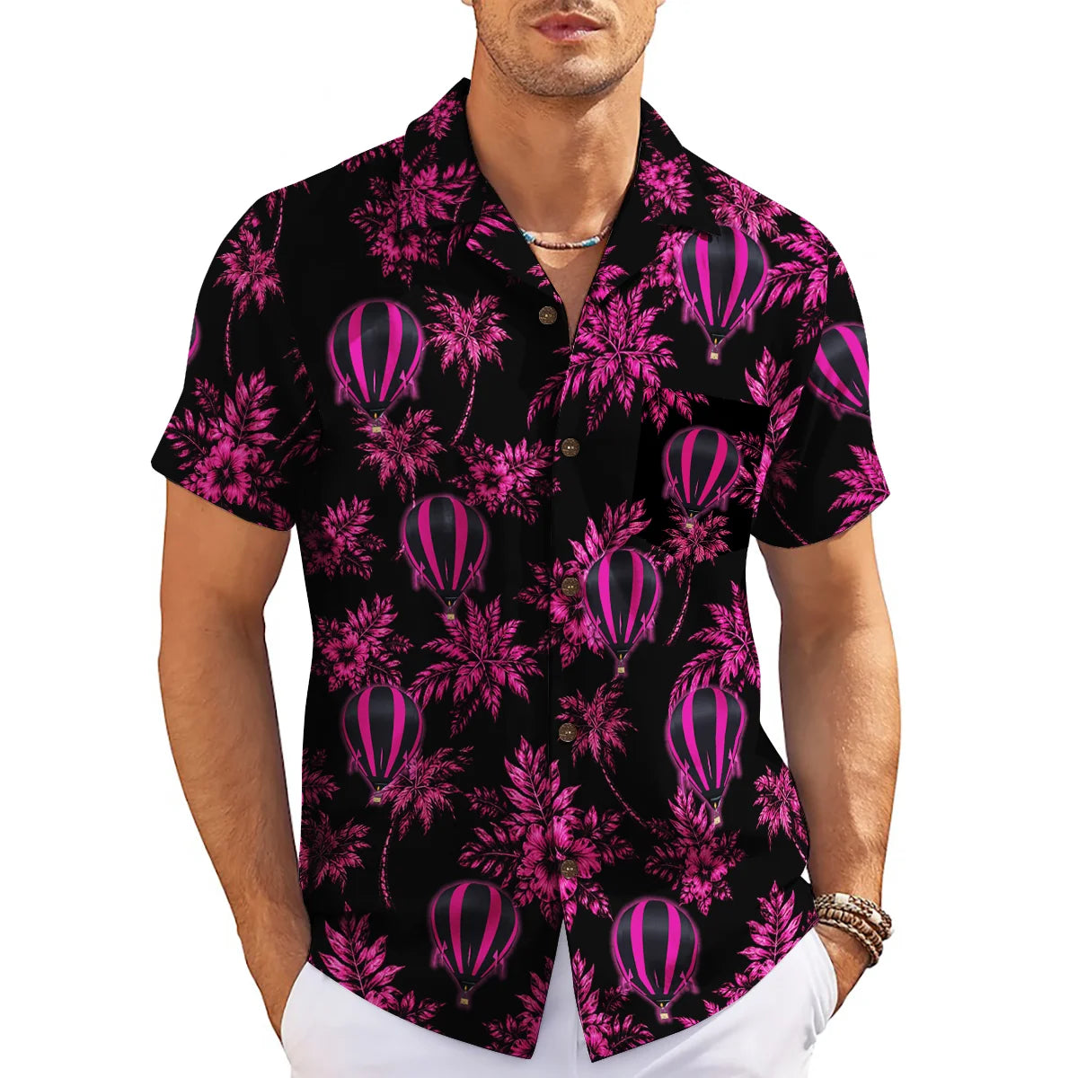 Hot Air Balloon and Hibiscus Black Custom Hawaiian Shirt