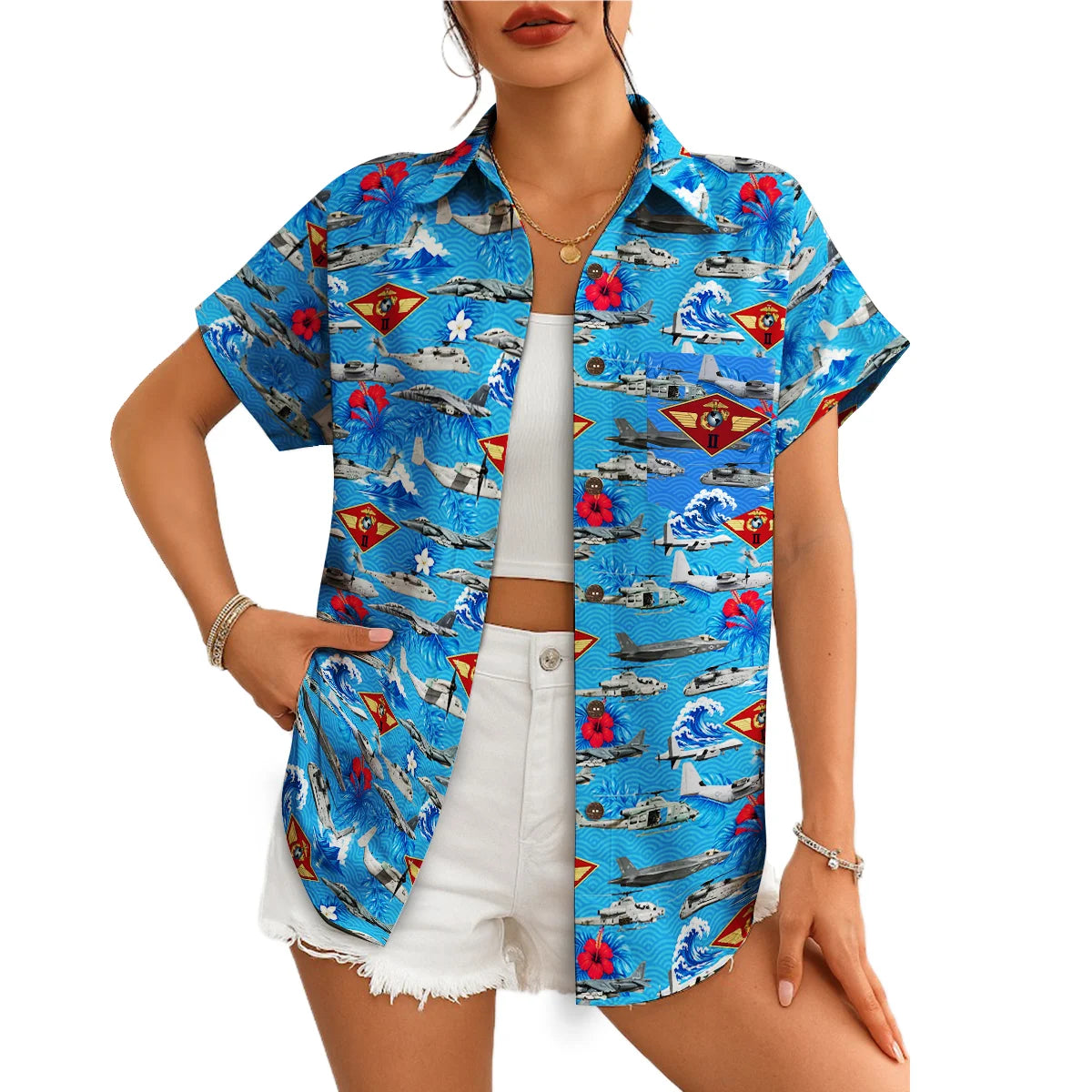 Aircraft and Hibiscus Navy Blue Custom Hawaiian Shirt