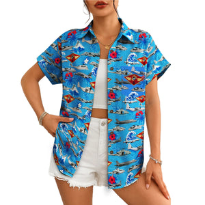 Aircraft and Hibiscus Navy Blue Custom Hawaiian Shirt