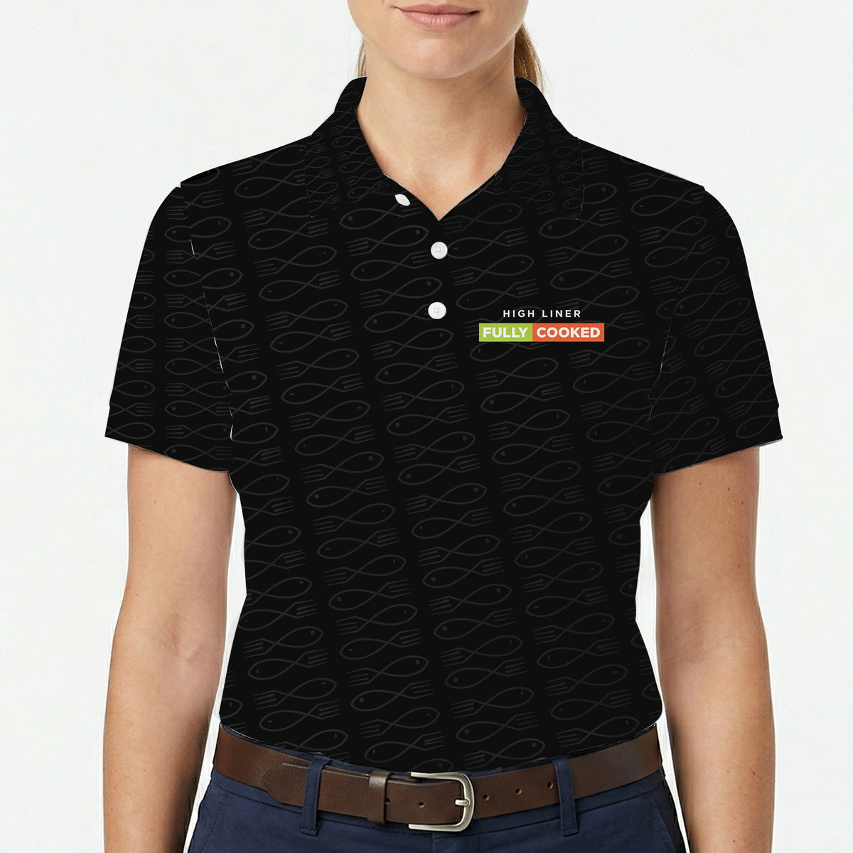 Fish and Fork Outline Black Custom Polo Shirt