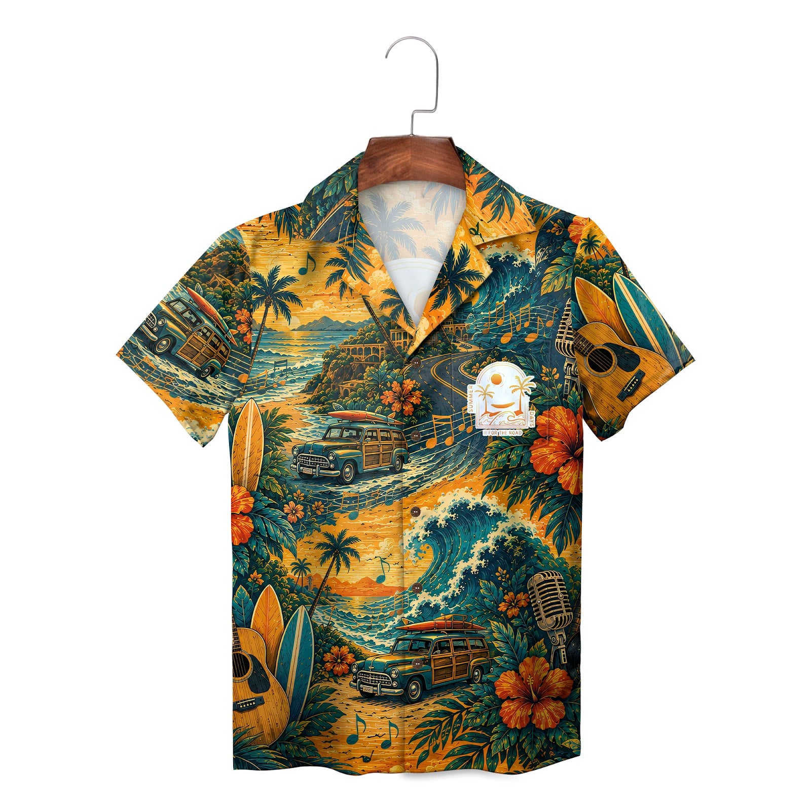 Aloha shirt showing woody wagons palms surfboards guitars
