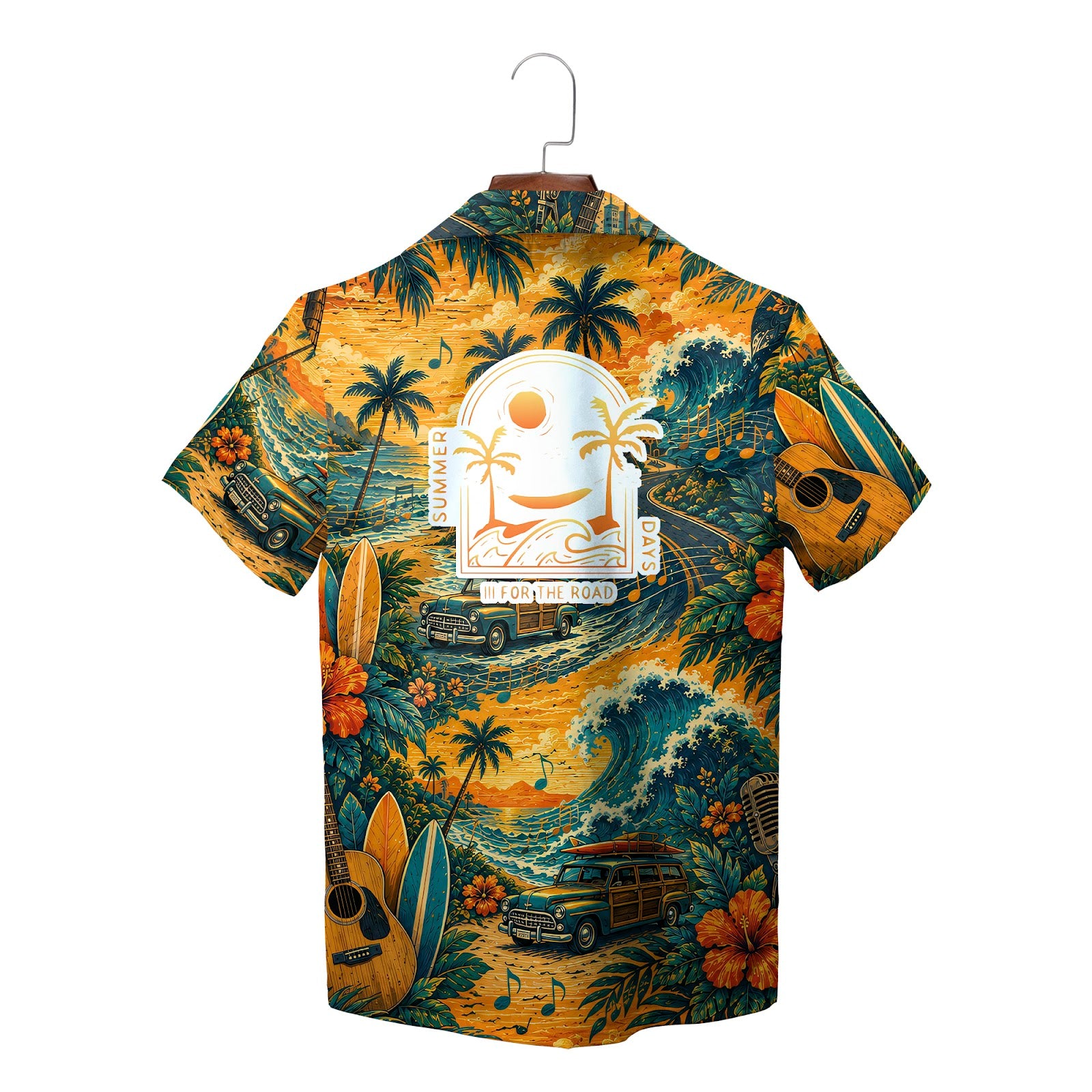 Aloha shirt showing woody wagons palms surfboards guitars variant 2