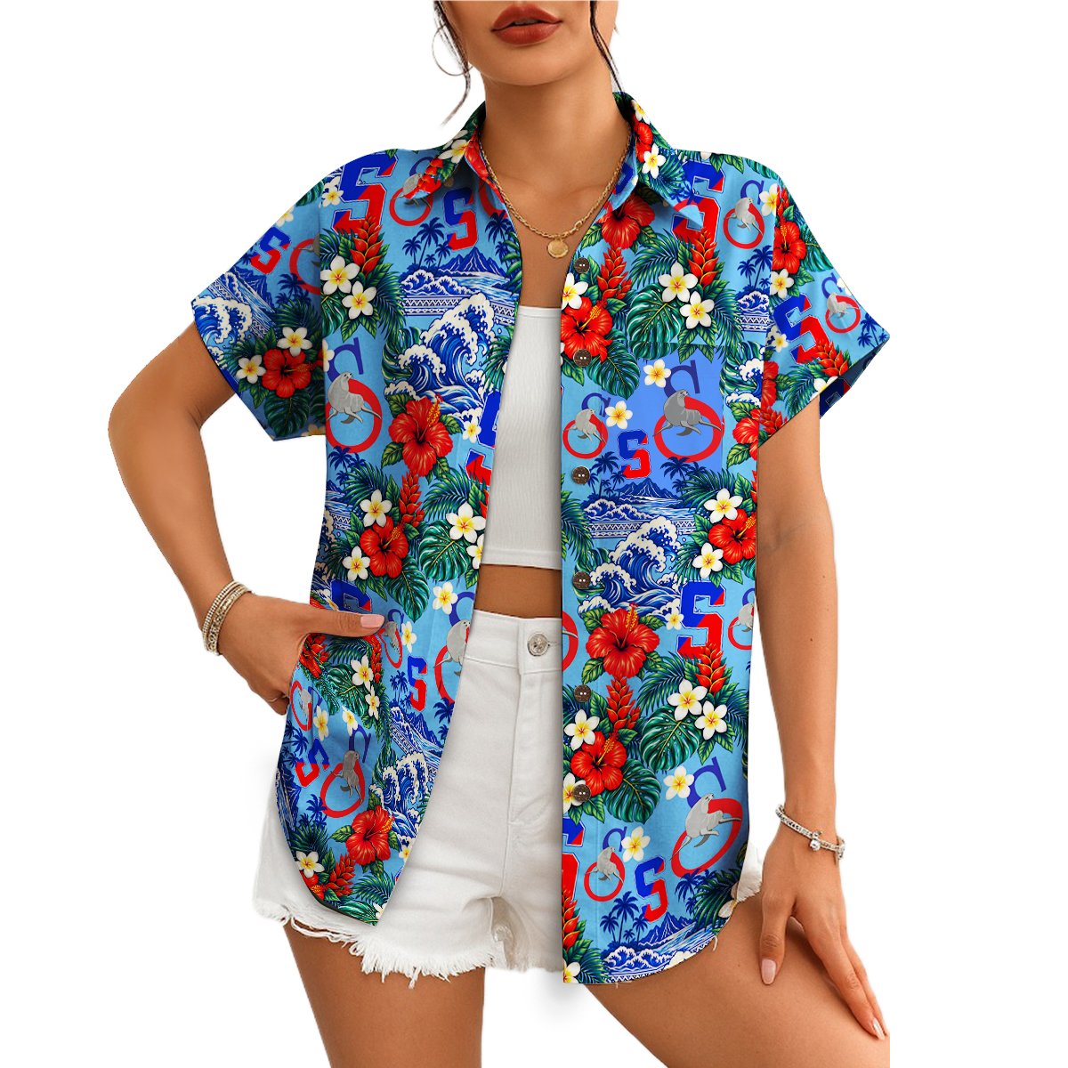 Hibiscus and Ocean Wave Periwinkle Blue Custom Hawaiian Shirt