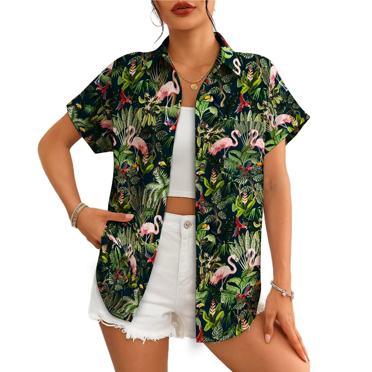 Flamingo and Toucan Dark Green Custom Hawaiian Shirt