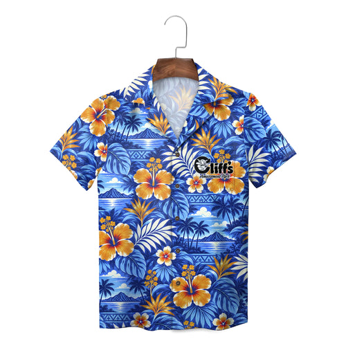 Hibiscus and Island Scene Royal Blue Custom Hawaiian Shirt