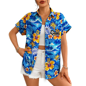 Hibiscus and Island Scene Royal Blue Custom Hawaiian Shirt
