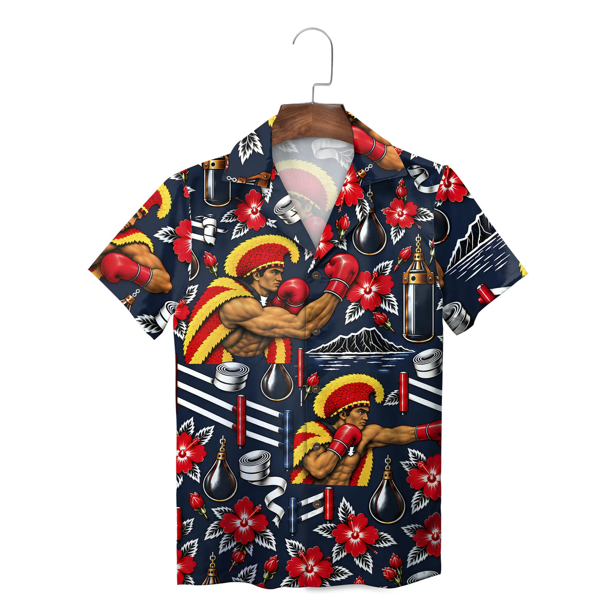 Boxing Warrior and Hibiscus Navy Blue Custom Hawaiian Shirt
