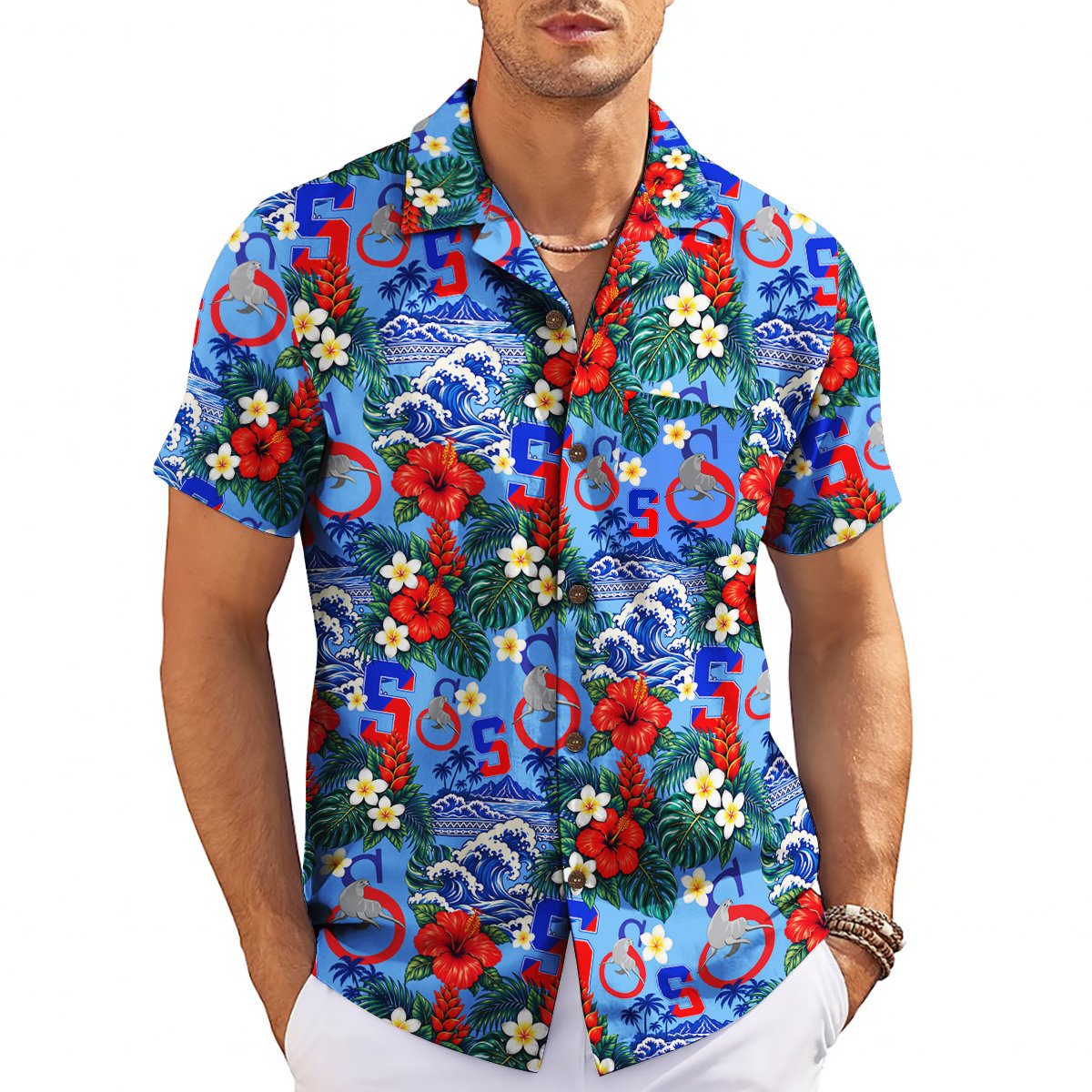 Hibiscus and Ocean Wave Periwinkle Blue Custom Hawaiian Shirt