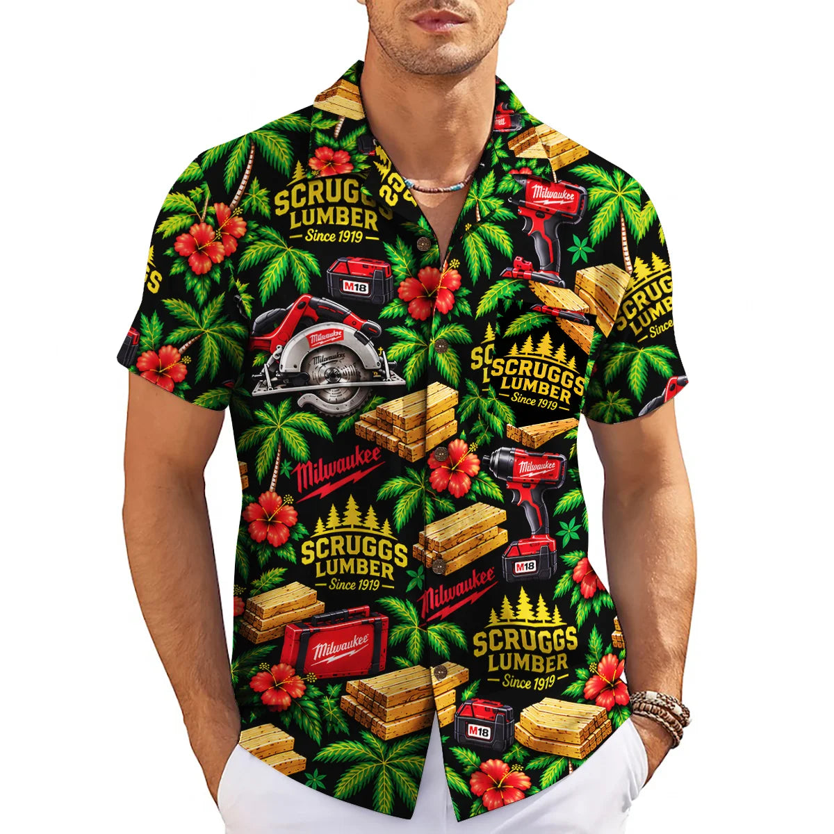 Power Tools and Hibiscus Black Custom Hawaiian Shirt