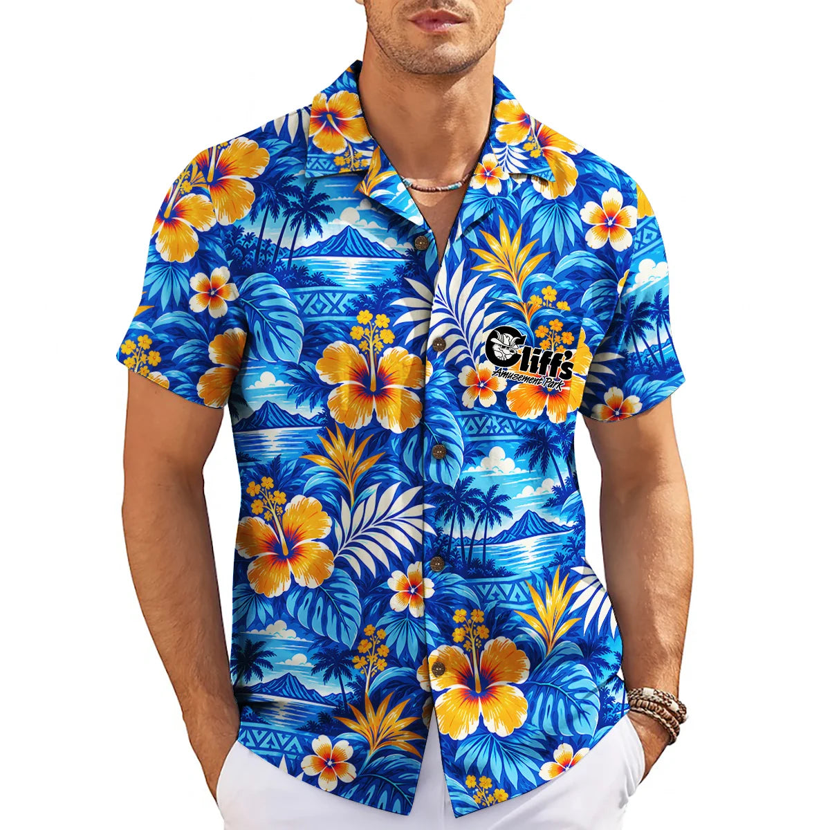 Hibiscus and Island Scene Royal Blue Custom Hawaiian Shirt