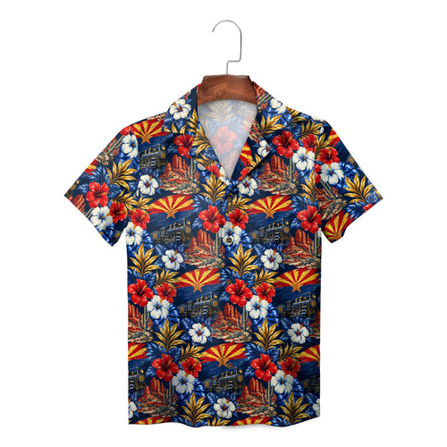 Desert Hibiscus and Steam Train Navy Blue Custom Hawaiian Shirt