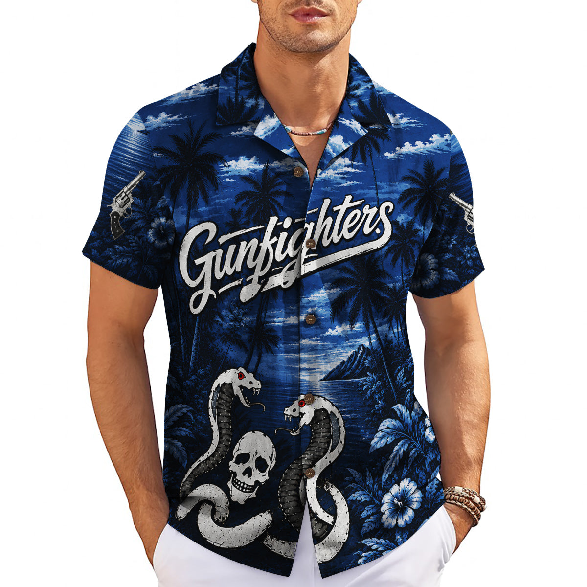 Moonlit Palm Cove and Revolver Navy Blue Custom Hawaiian Shirt