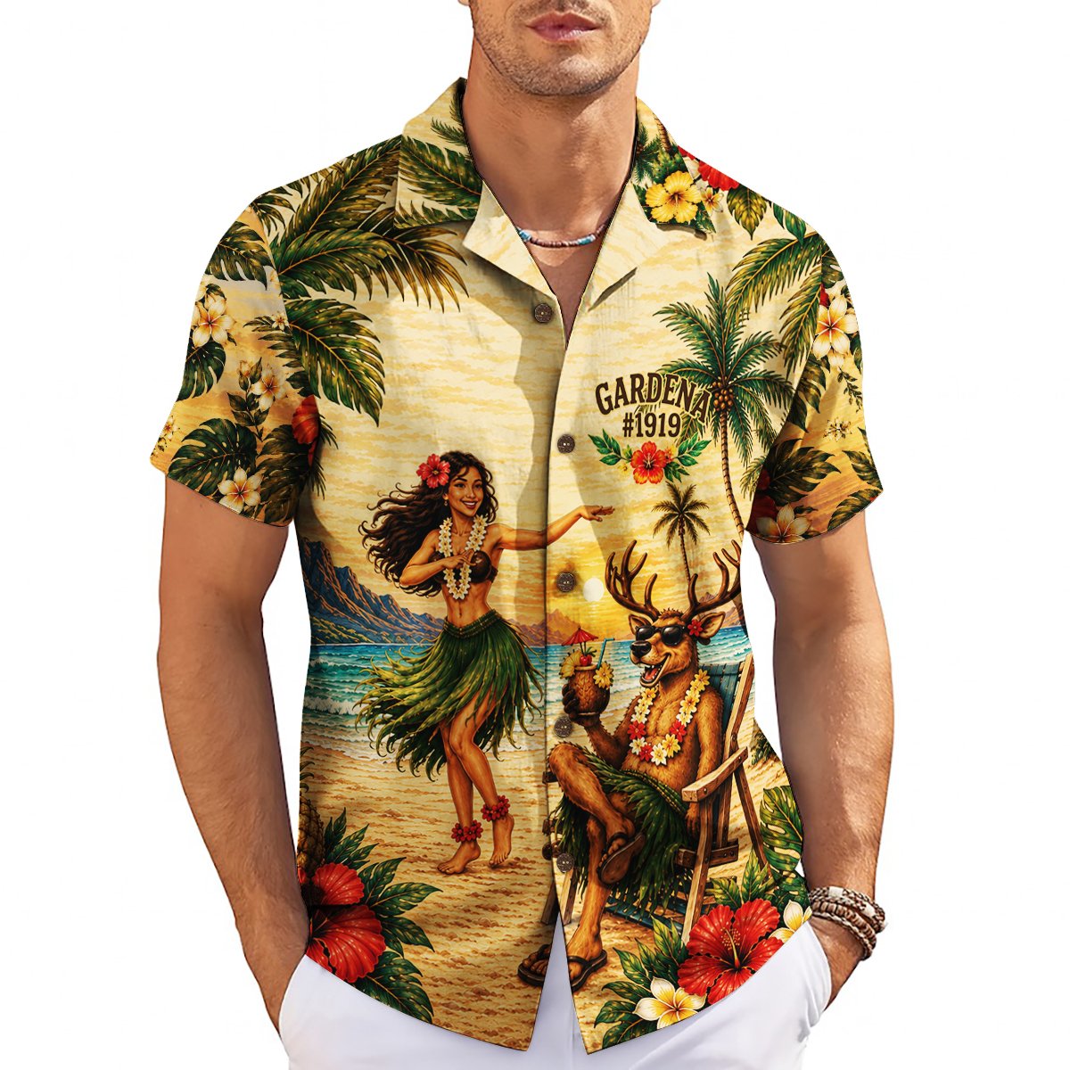 Cartoon Elk Luau Golden Sand Custom Hawaiian Shirt