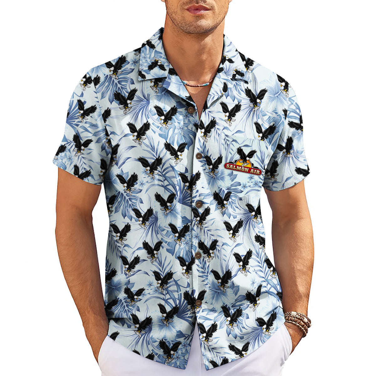 Soaring Eagle and Palm Leaf Ice Blue Custom Hawaiian Shirt