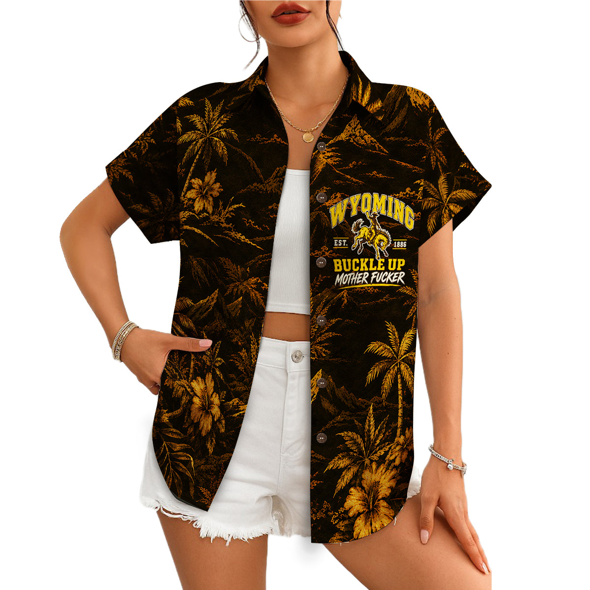 Bucking Bronco and Palm Grove Black Gold Custom Hawaiian Shirt
