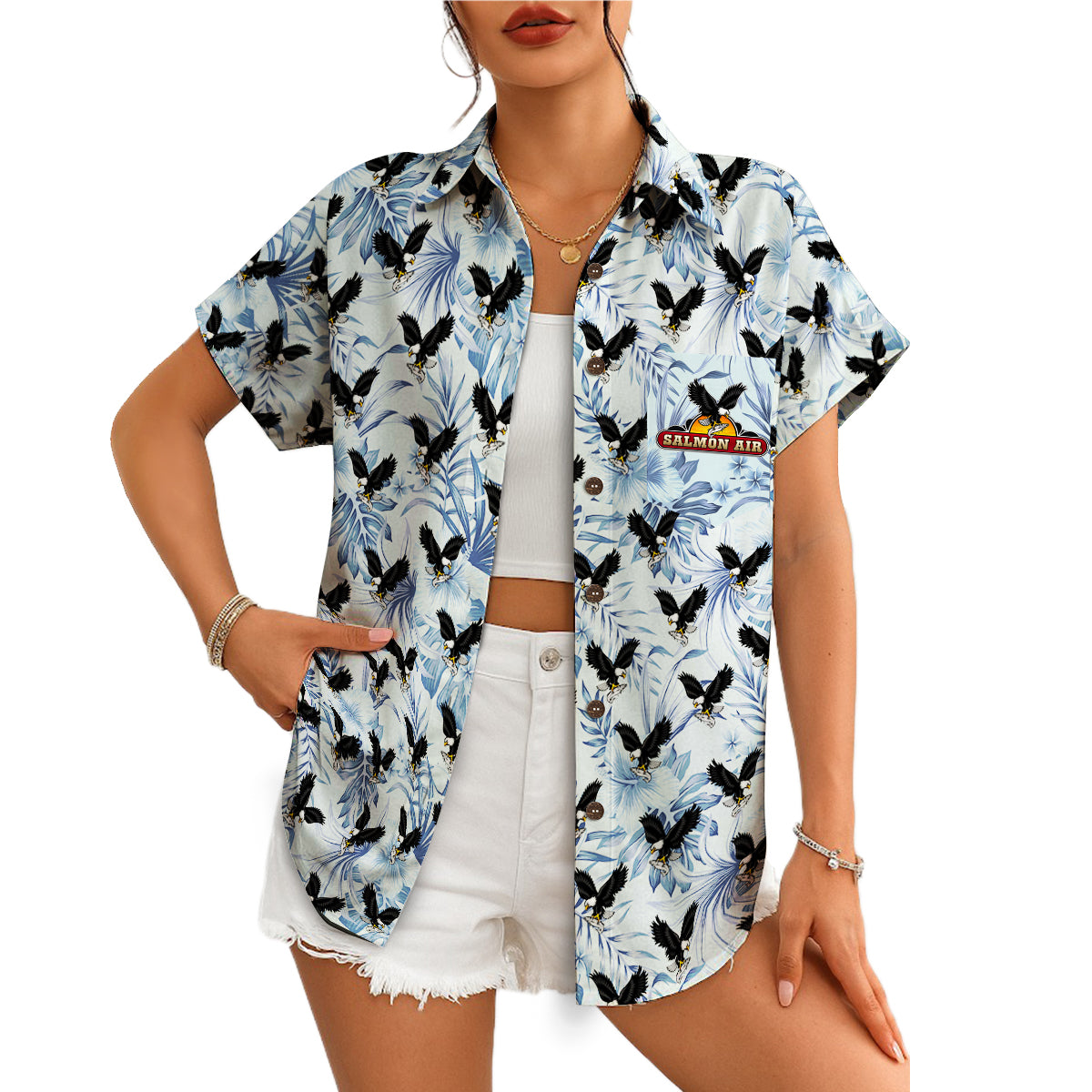 Soaring Eagle and Palm Leaf Ice Blue Custom Hawaiian Shirt