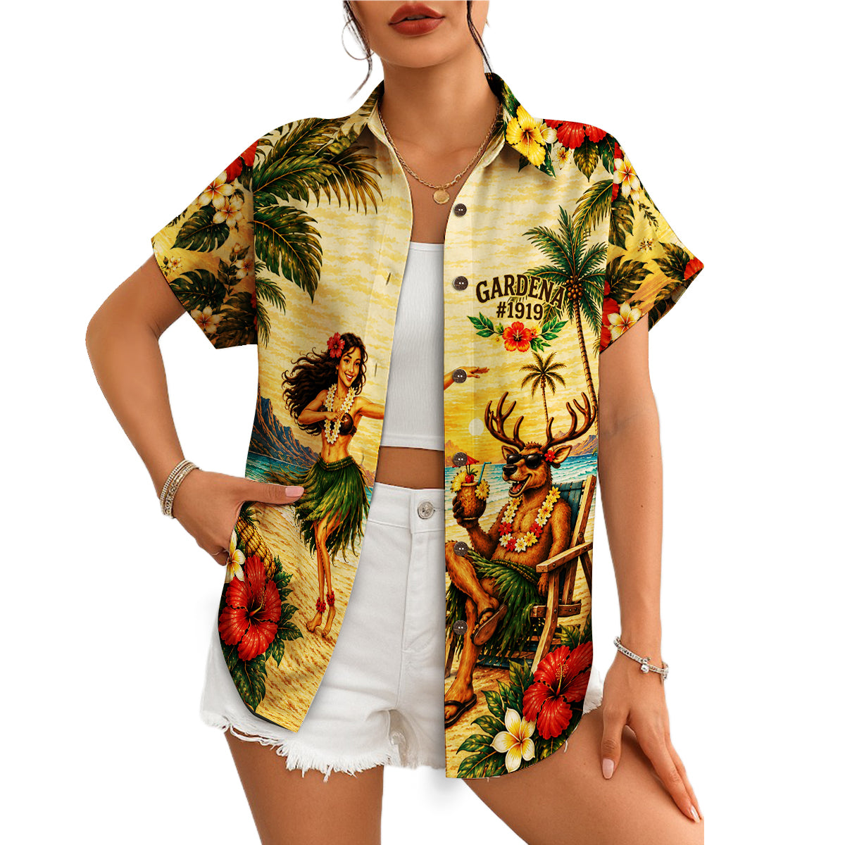 Cartoon Elk Luau Golden Sand Custom Hawaiian Shirt