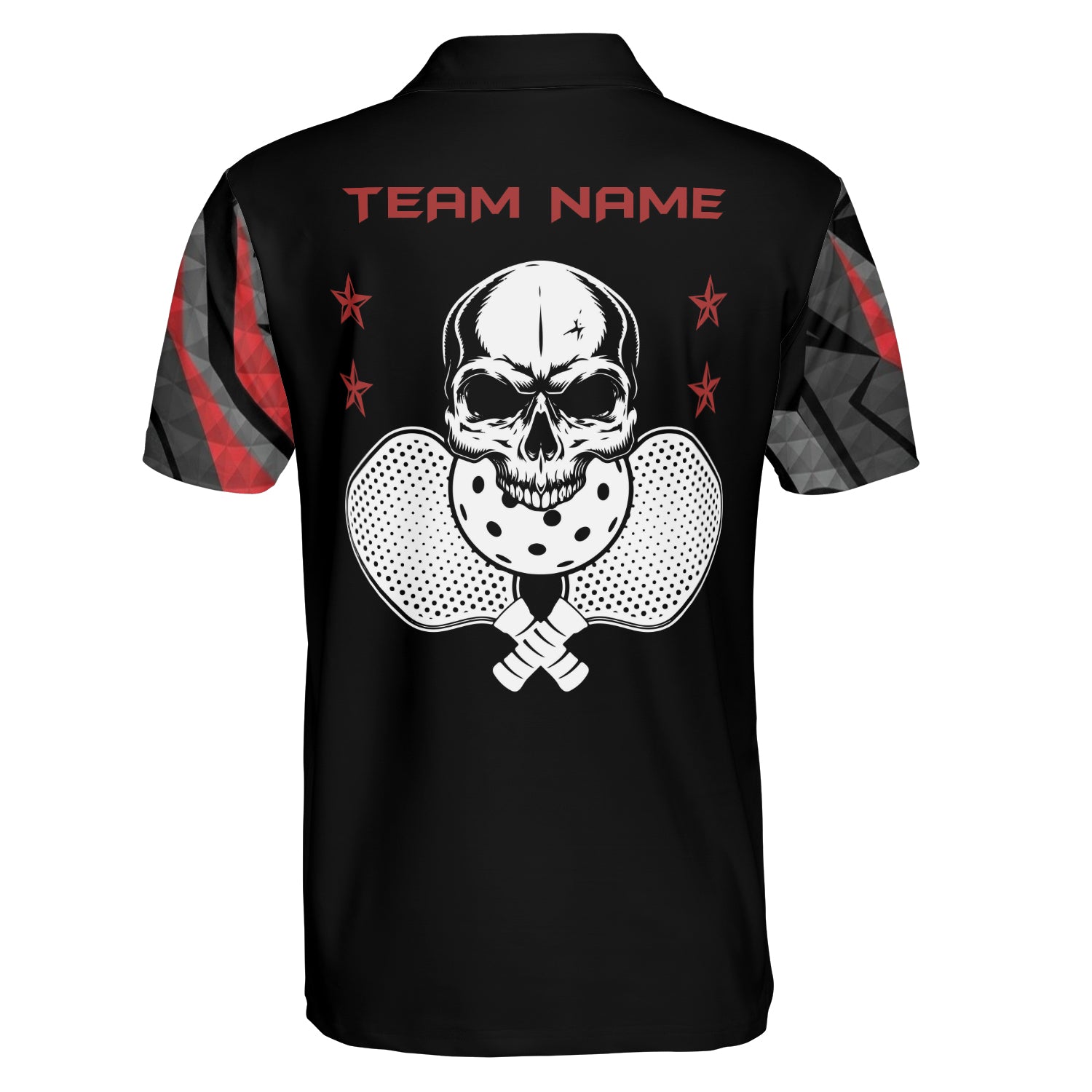 Black polo shirt with skull red gray geometric design custom name variant 2