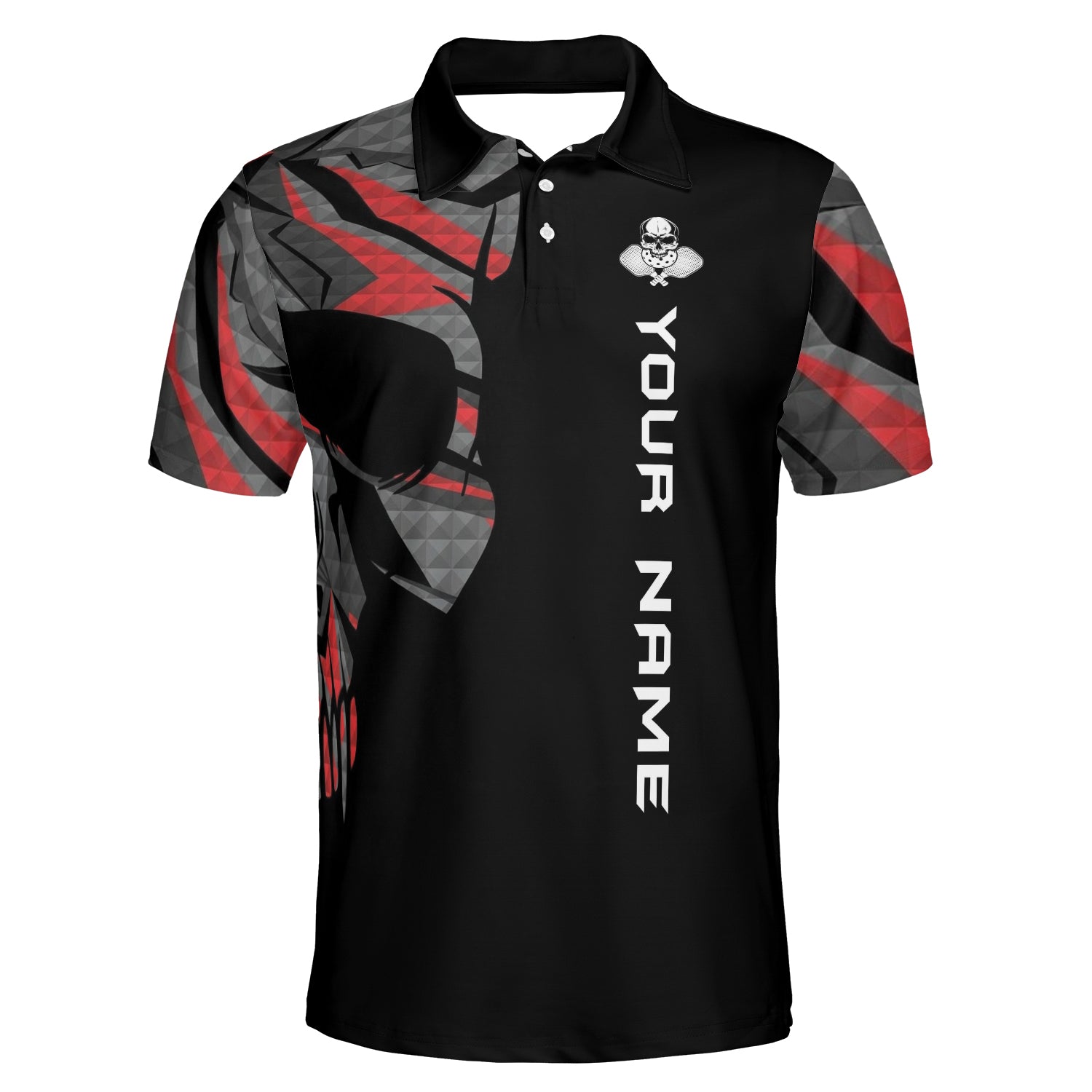 Black polo shirt with skull red gray geometric design custom name variant 4