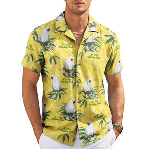 Yellow camp shirt featuring white crested parrots on green foliage variant 3