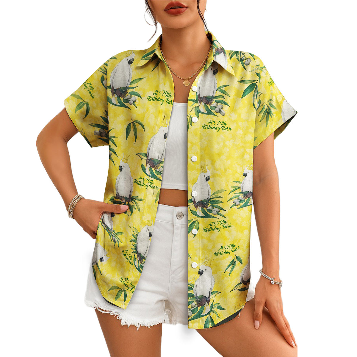 Yellow camp shirt featuring white crested parrots on green foliage variant 4